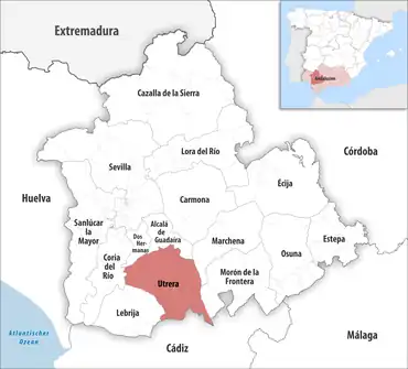 Die Lage des Gerichtsbezirk Utrera in der Provinz Sevilla