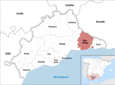 Die Lage des Gerichtsbezirk Vélez-Málaga in der Provinz Málaga