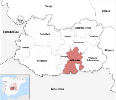 Die Lage des Gerichtsbezirk Valdepeñas in der Provinz Ciudad Real