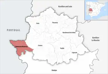 Die Lage des Gerichtsbezirk Valencia de Alcántara in der Provinz Cáceres