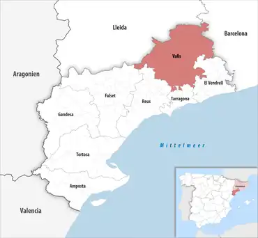 Die Lage des Gerichtsbezirk Valls in der Provinz Tarragona