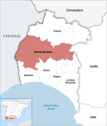 Die Lage des Gerichtsbezirk Valverde del Camino in der Provinz Huelva
