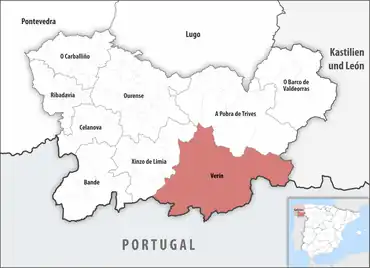 Die Lage des Gerichtsbezirk Verín in der Provinz Ourense