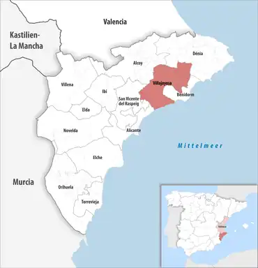 Die Lage des Gerichtsbezirk Villajoyosa in der Provinz Alicante