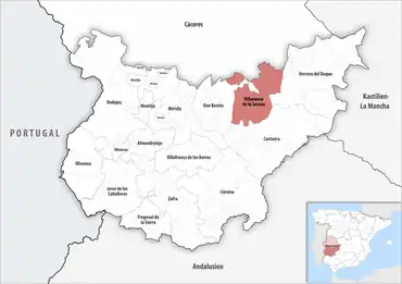 Die Lage des Gerichtsbezirk Villanueva de la Serena in der Provinz Badajoz