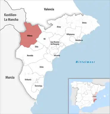 Die Lage des Gerichtsbezirk Villena in der Provinz Alicante