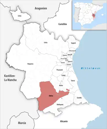 Die Lage des Gerichtsbezirk Xàtiva in der Provinz Valencia