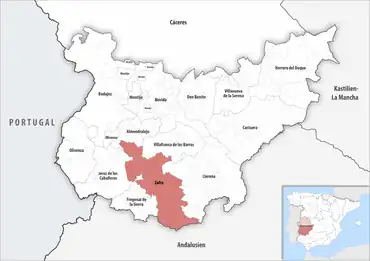 Die Lage des Gerichtsbezirk Zafra in der Provinz Badajoz