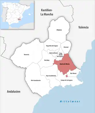 Die Lage der Comarca Huerta de Murcia in der autonomen Gemeinschaft Murcia