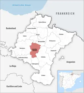 Die Lage der Comarca Izarbeibar-Novenera in der autonomen Gemeinschaft Navarra