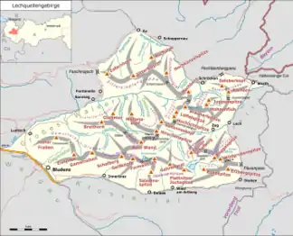 Lage des Lechquellengebirges (gelb hervorgehoben) innerhalb der Ostalpen