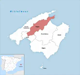 Die Lage der Comarca Raiguer auf der Insel Mallorca