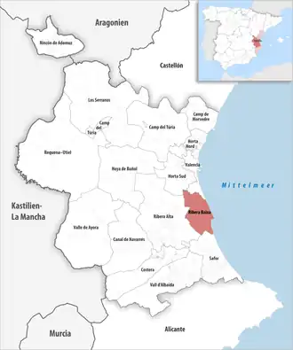 Die Lage der Comarca Ribera Baixa in der Provinz Valencia