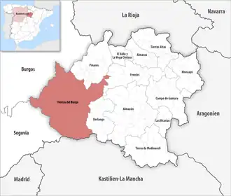 Die Lage der Comarca Tierras del Burgo in der Provinz Soria