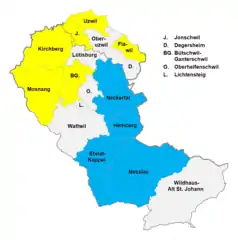 Konfessionsmehrheiten (2013):&nbsp; ● &nbsp;blau: mehr als 60 % ev.-reformiert&nbsp; ● &nbsp;gelb: mehr als 60 % röm.-katholisch