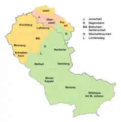 Blockbau von Bauernhäusern:&nbsp; ● &nbsp;grün: Blockbau vorherrschend&nbsp; ● &nbsp;orange: ausgeglichenes Verhältnis&nbsp; ● &nbsp;rot: Bohlenständerbau vorherrschend