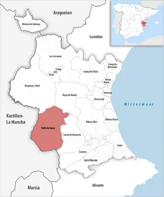 Die Lage der Comarca Valle de Ayora in der Provinz Valencia
