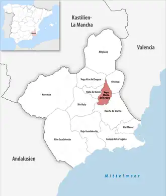 Die Lage der Comarca Vega Media del Segura in der autonomen Gemeinschaft Murcia