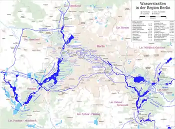 Graphische Karte vom Land Berlin und vom angrenzenden Brandenburg, in dem die Wasserwege farblich betont sind. Eine Legende oben rechts benennt die Wasserstraßen mit ihrer Länge.