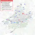 Karte der Feuerwehr in Frankfurt am Main mit Wachen der BF, Feuerwehrhäuser der FF, Außenstellen mit NEF bzw. RTH