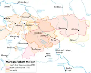 Markgrafschaft Meißen in den Umfängen von 983, 1156, sowie bis 1273 (nach dem Verlust des Bautzener Landes an Böhmen 1158 und nach Westen verschiebt)