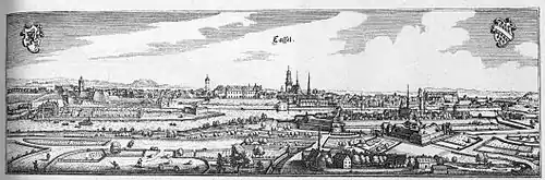 Cassel, Stadtansicht aus der Topographia Hassiae von Merian, 1655