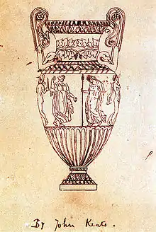 Eine Zeichnung von John Keats, die eine hohe Urne mit verschnörkelten Griffen zeigt. Der mittlere Berich ist mit menschlichen Figuren verziert. Von links nach rechts ein nackter Mann mit Helm und Schwert, eine tanzende Frau in einem fließenden Gewand, eine gebeugt gehende Frau mit einem Speer in der Hand und einen nackten Mann, dem ein Mantel über die Schulter hängt. Unter der Zeichnung ist handschriftlich „By John Keats“ vermerkt.