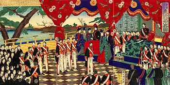 Verkündigung der Verfassung, Japanischer Farbholzschnitt von Chikanobu, 1889