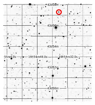 Aufnahme des Two Micron All Sky Survey im J-Band, Kepler-186 ist der Stern im roten Kreis