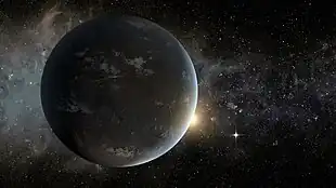 Künstlerische Darstellung von Kepler-62f mit Kepler-62 im Hintergrund