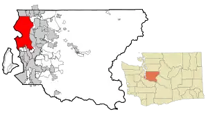 Lage von Seattle im King County (links) und in Washington (rechts)