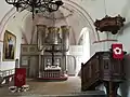 Kirche Sieseby, Innenraum mit Altar, Orgel und Kanzel