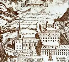 St. Oswald mit Kloster, im Hintergrund das Seekirchl