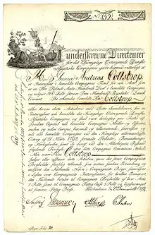 Aktie der Königlich Dänisch-Asiatischen Kompanie über 500 Reichsthaler, ausgegeben in Kopenhagen am 2. Januar 1794. Vor allem mit dem Teehandel konnte die Asien-Kompanie pro Geschäftsjahr bis zu 25 % Gewinn erzielen.