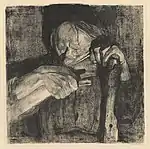 Beim Dengeln, Blatt 3 aus dem Zyklus „Bauernkrieg“, 1905, Strichätzung, Kaltnadel, Schmirgel, Aquatinta sowie Vernis mou mit Durchdruck von Bütten und Zieglerschem Umdruckpapier, Kn 88