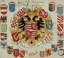 Wappen des Kaisers Ferdinand III. im Kolorierten Wappenbuch der Bibliotheca Windhagiana (um 1650)