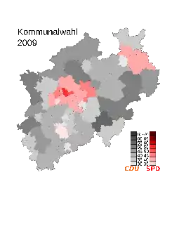 Wähleranteil der stärksten Partei an den Kommunalwahlen vom 7. Juni 2009 in NRW