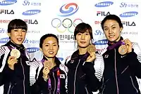 Das Florettteam der Frauen 2012 mit Bronze (v.&nbsp;l.&nbsp;n.&nbsp;r.): Jung Gil-ok, Nam Hyun-hee, Jeon Hee-sook, Oh Ha-na