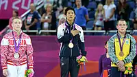 Siegerehrung im Pferdsprung 2012: in der Mitte Olympiasieger Yang Hak-seon