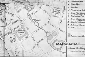 Krautmühle in Düsseldorf-Bilk (W ↔ E); Planskizze von Ernst von Schaumburg, 1866