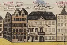 Ausschnitt aus einer historischen Karte, farbig gezeichnete Fassaden, mit handschriftlichen Notizen, z. B. „Palast des Herzogs von Brabant“ oder „goldene Gans“