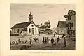 Die alte Kreuzkirche von 1611 um 1835 von Süden. Nach links verläuft heute die Kreuzbühlstrasse. Die Kutsche kommt aus der Klosbachstrasse.
