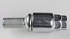 Kugelbund-Felgenschloss und zugehöriger Schlüssel (Adapter), letzterer mit 17 mm- und 19 mm-Sechskant