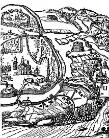 Athanase Kalnofoïski: Plan mit dem Kiewer Höhlenkloster und Einsiedeleien in der Umgebung, 1638