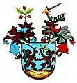 Gemehrtes Wappen der Lónyay mit zwei Helmen: 1. Zusatzhelm, 2. Helm mit Helmzier des Stammwappens