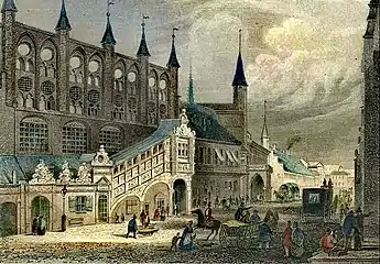 Breite Straße vom Neuen Gemach bis zur Kanzlei: Treppe mit Anbauten, Langes Haus mit durchgehender Erdgeschosswand, Stahlstich von Johann Poppel nach G.&nbsp;M.&nbsp;Kurz, 1848