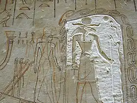 Unvollendete Wanddekoration mit Szene aus dem Pfortenbuch(Re auf der Sonnenbarke)