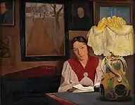 L.A. Ring: Lampelys. Interiør med kunstnerens hustru (deutsch Lampenlicht. Interieur mit der Frau des Künstlers), 1898, Statens Museum for Kunst Leuchte ist eine Kähler-Keramik