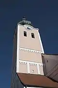 Landau (Isar): Barockkirche mit romanischem Turm; vgl. Rundbogenfriese