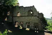 Bild 13: Ansicht der Nordwestseite, der Schauseite des Palas der Unterburg, mit dem horizontalen Wulstgesims und der Befensterung. Links schließt sich unmittelbar an den Palas die leicht aus der Mauerflucht vorspringende Burgkapelle an